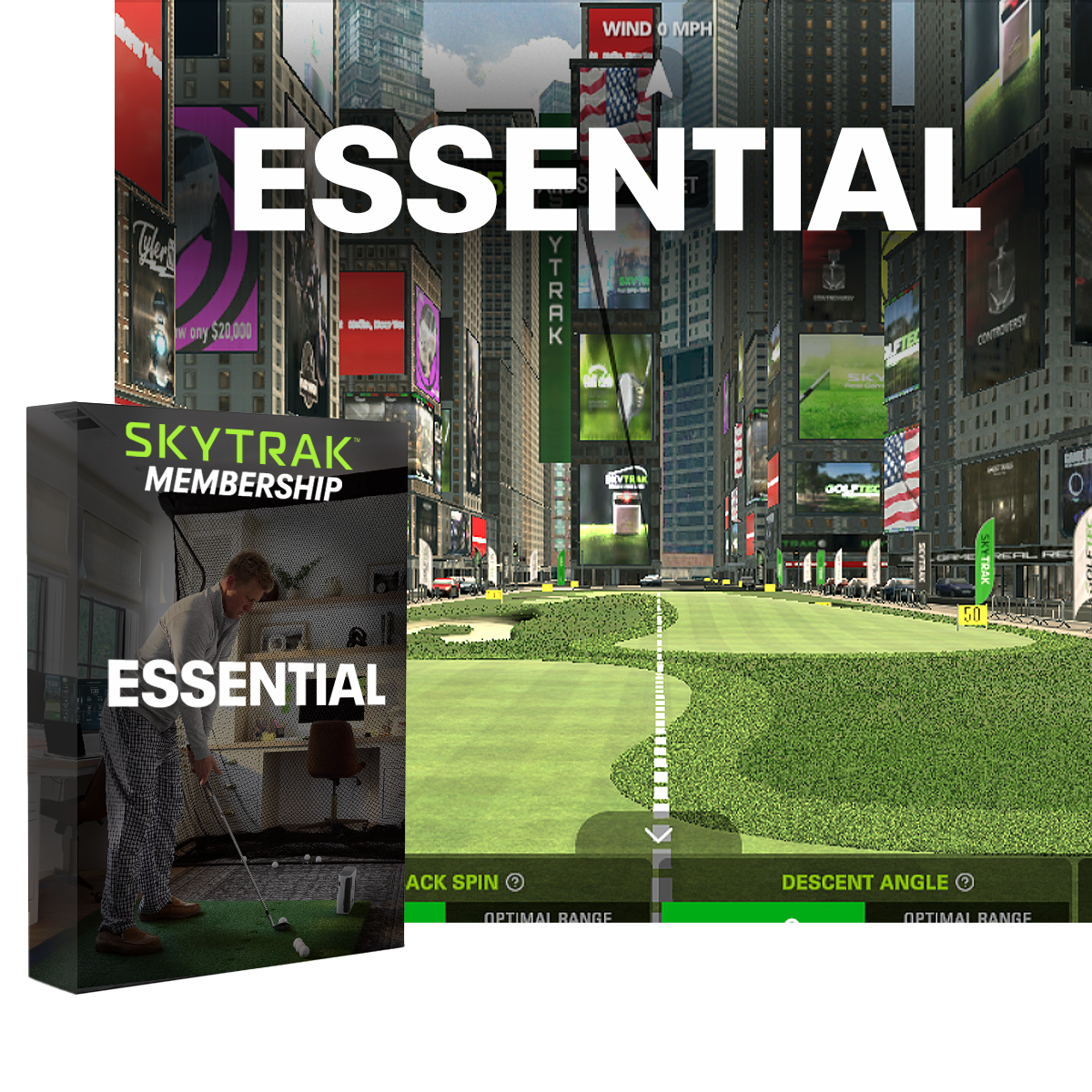 Golf simulator setup with 'Essential' branding and a cityscape background.
