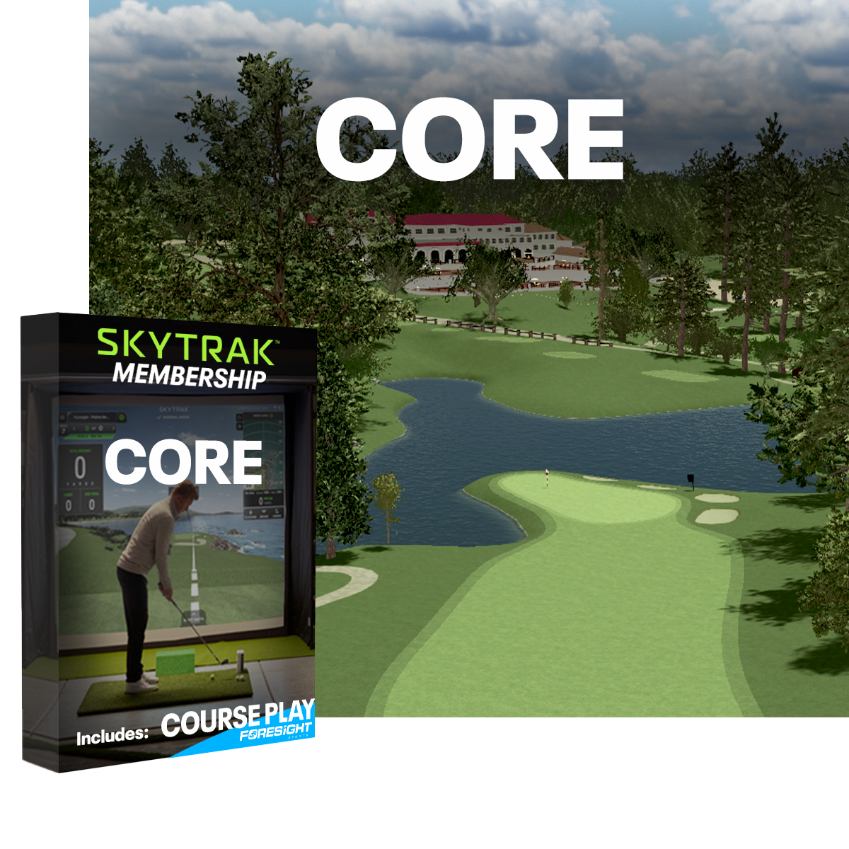 Skytrak membership box for golf simulation software with a golf course background