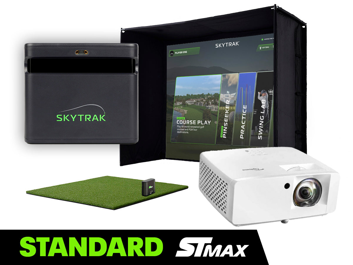 Standard SKYTRAK STMAX studio bundle showing the mat, launch monitor, projector, and enclosure.